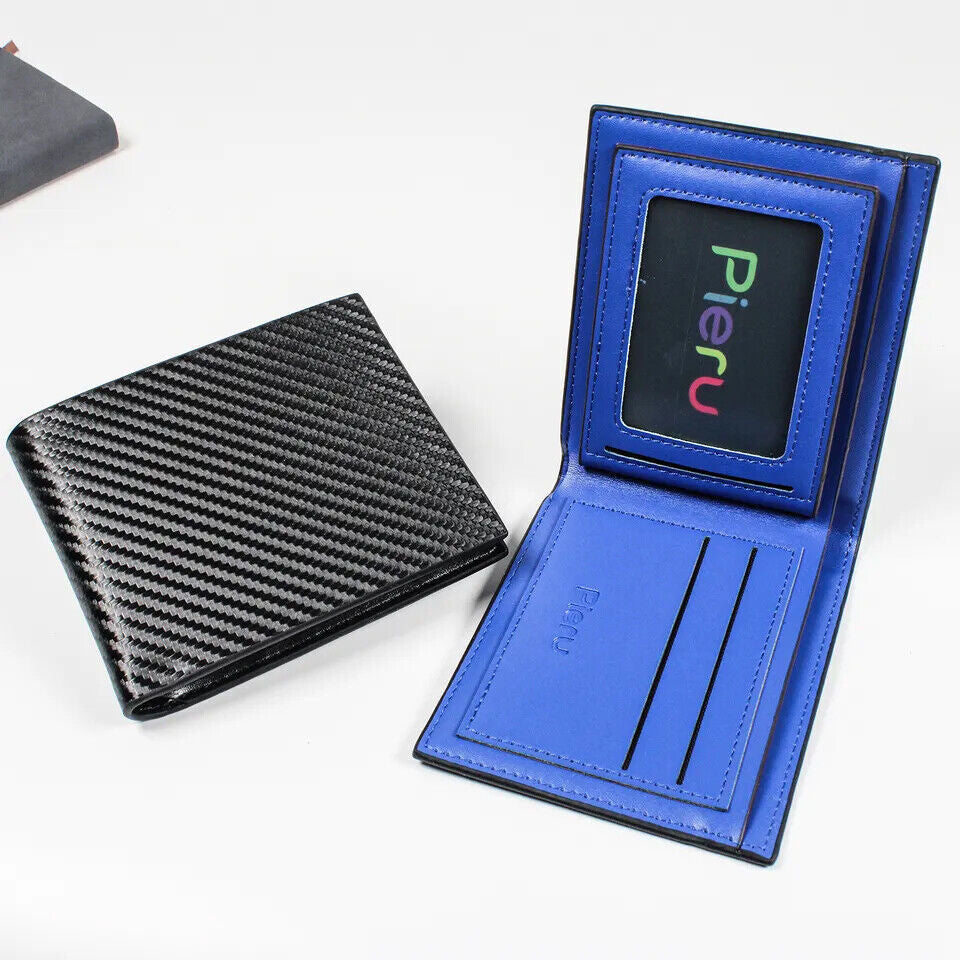 Men'S Carbon Fiber Leather Wallet RFID Blocking Slim Bifold Credit Card Holder