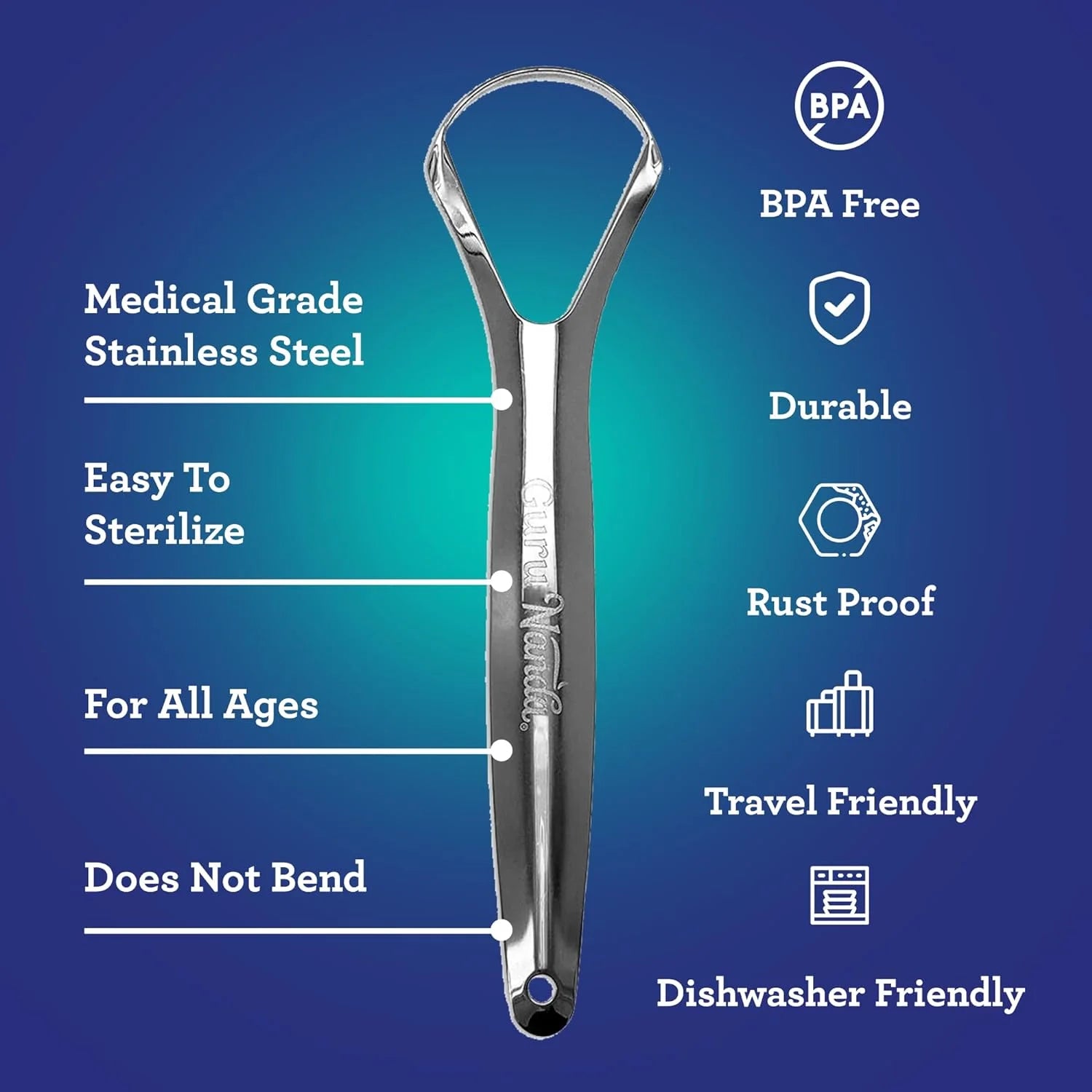 Gurunanda Tongue Scraper & Cleaner, Fights Bad Breath, Stainless Steel, 2 Pack
