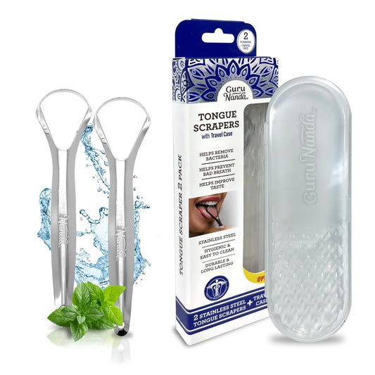 Gurunanda Tongue Scraper & Cleaner, Fights Bad Breath, Stainless Steel, 2 Pack