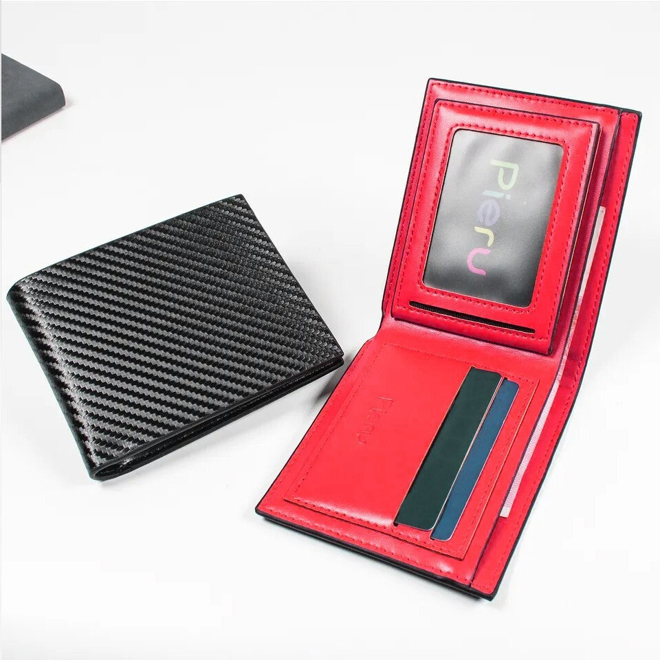 Men'S Carbon Fiber Leather Wallet RFID Blocking Slim Bifold Credit Card Holder