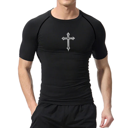 Cross Print Compression Shirt for Men Christian Athletic Tshirt Tees Tops Gym Workout Running Baselayers Undershirts Rash Guard