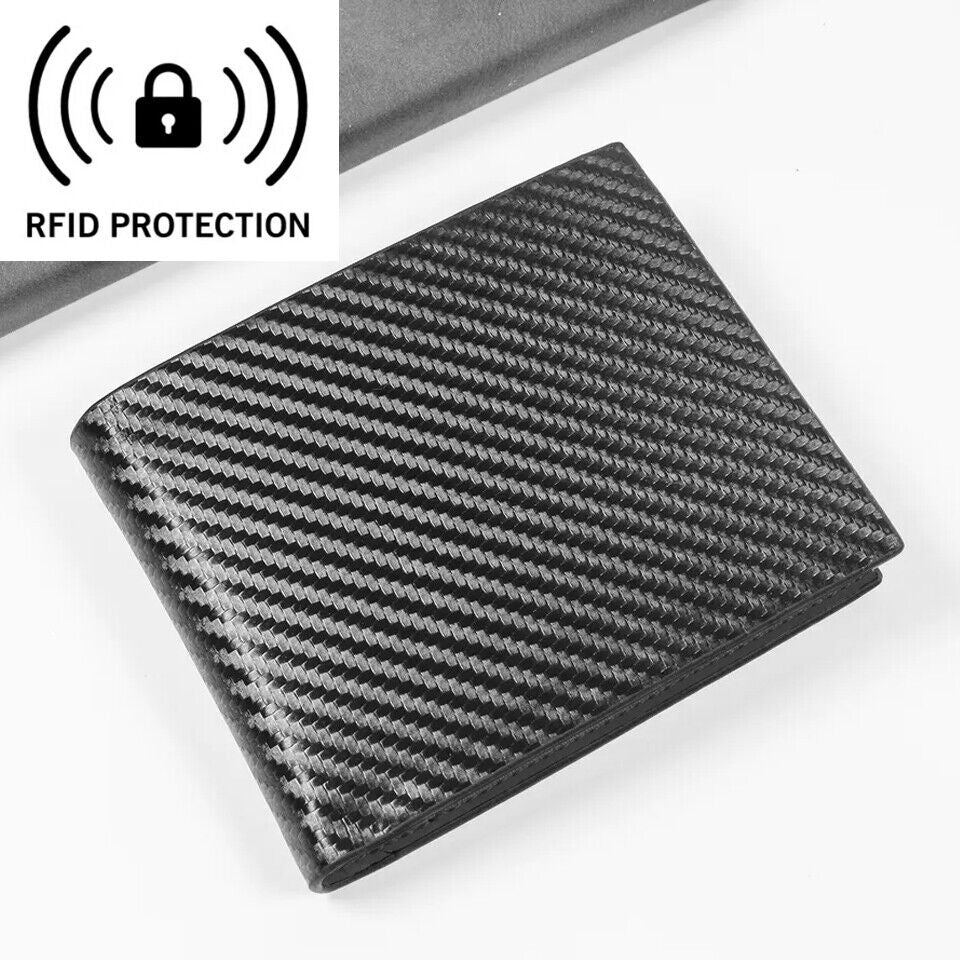 Men'S Carbon Fiber Leather Wallet RFID Blocking Slim Bifold Credit Card Holder