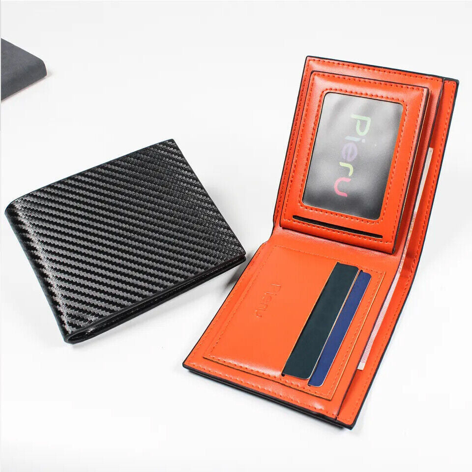 Men'S Carbon Fiber Leather Wallet RFID Blocking Slim Bifold Credit Card Holder